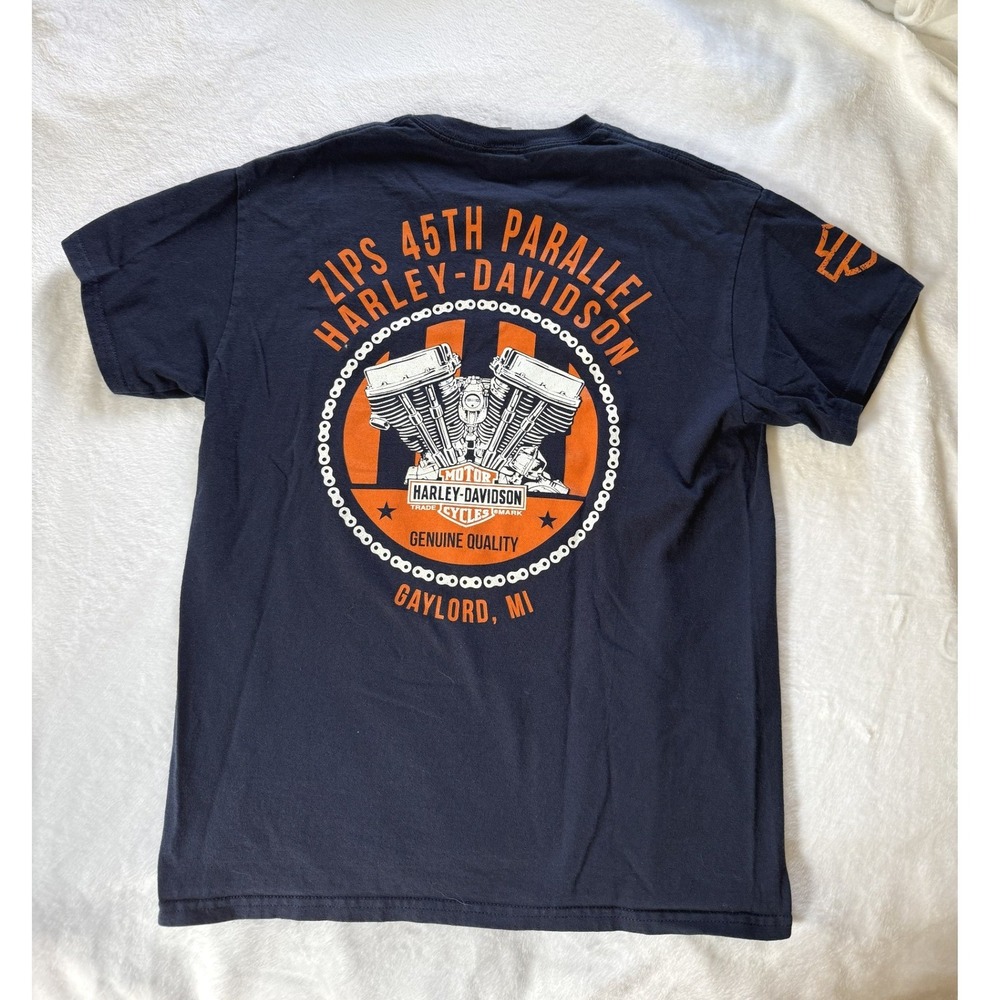 Harley-Davidson Zips 45th Parallel Gaylord MI Navy Blue Pocket T-Shirt Mens M - Picture 2 of 3